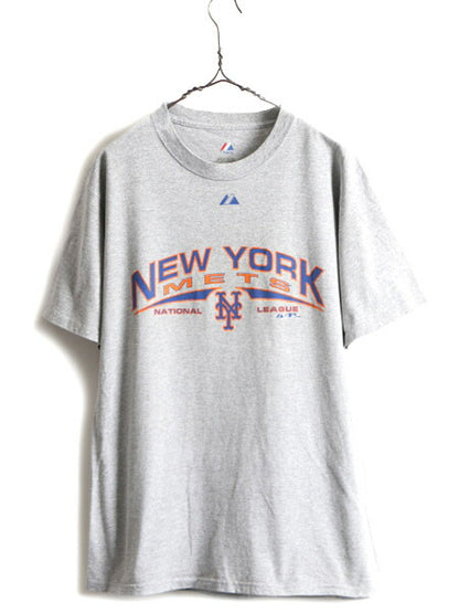■ MLB オフィシャル Majestic ニューヨーク メッツ プリント 半袖 Tシャツ ( メンズ M ) 古着 プリントTシャツ ロゴT メジャーリーグ 灰