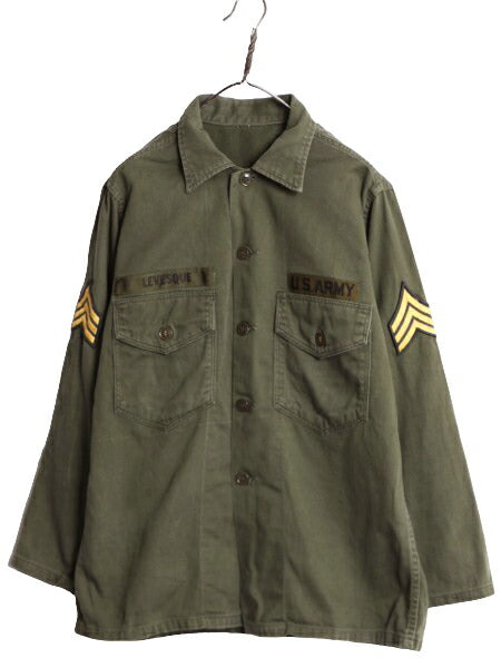 60s 民間 US ARMY コットン サテン ユーティリティ シャツ メンズ L 60年代 ヴィンテージ OG107 ミリタリー 軍物 筒袖 アーミー フルパッチ