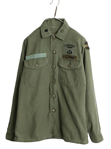 70s 74年製 米軍実物 US ARMY コットン サテン ユーティリティ シャツ M 程 古着 70年代 ヴィンテージ ミリタリー 軍物 シャツ袖 4th OG107
