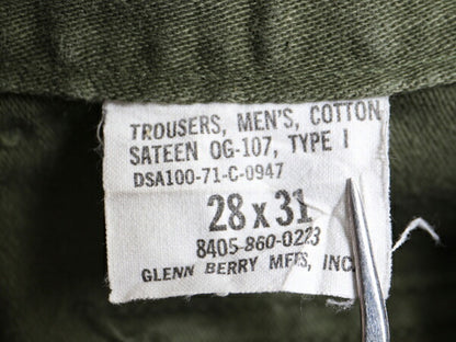 70s 71年製 US ARMY 米軍実物 コットン サテン ベイカー パンツ 28 31 70年代 ヴィンテージ ミリタリー ファティーグ ユーティリティ OG107