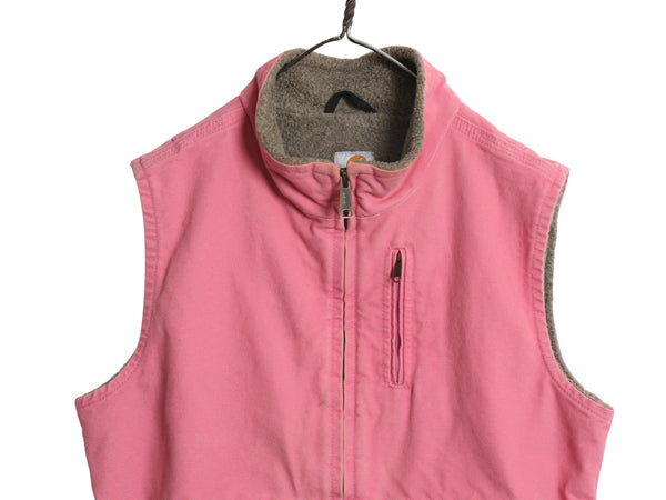 US企画 カーハート モックネック ダック ベスト レディース M ワーク 裏 ボア パイル フリース 重ね着 フルジップ ハイネック 廃盤 ピンク