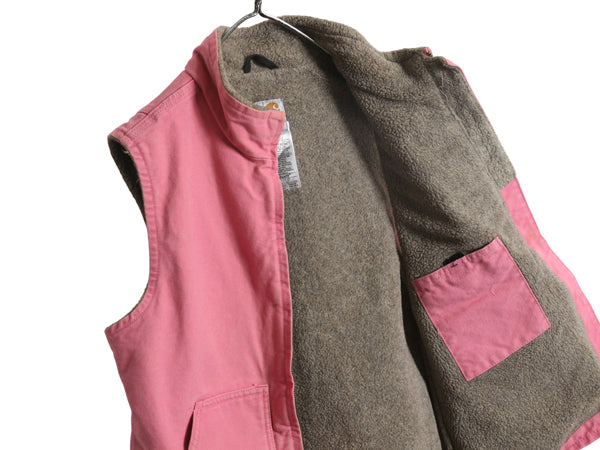US企画 カーハート モックネック ダック ベスト レディース M ワーク 裏 ボア パイル フリース 重ね着 フルジップ ハイネック 廃盤 ピンク