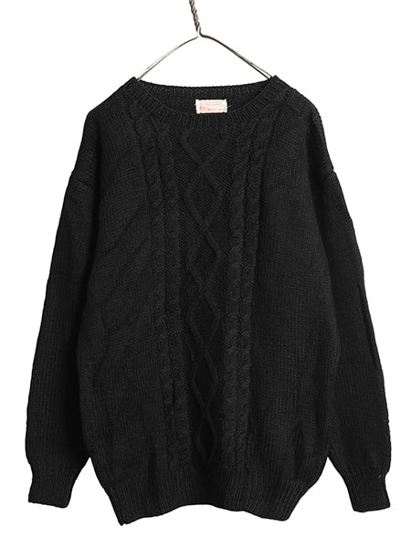 60s 70s ウール ニット セーター メンズ M 程/ ハンドメイド ヴィンテージ  フィッシャーマン アラン ケーブル 手編み 無地 黒 シンプル