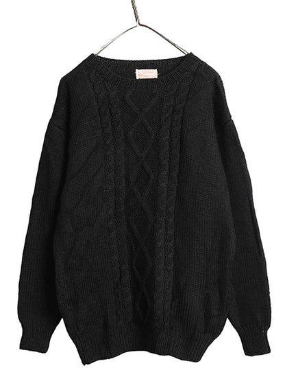 60s 70s ウール ニット セーター メンズ M 程/ ハンドメイド ヴィンテージ  フィッシャーマン アラン ケーブル 手編み 無地 黒 シンプル