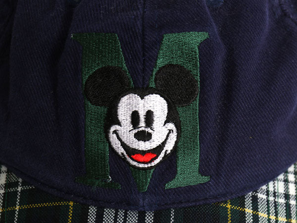90s USA製 ディズニー ミッキーマウス 刺繍 ベースボール キャップ キッズ フリーサイズ オールド 帽子 チェック 切替 キャラクター 子ども