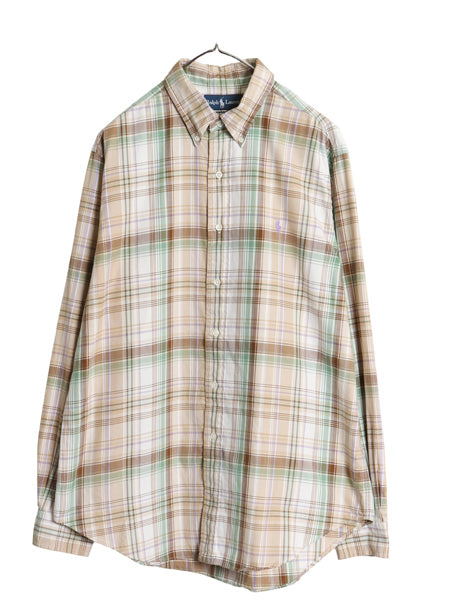 00s ラルフローレン チェック 長袖 ボタンダウン シャツ メンズ L / オールド ポロ CLASSIC FIT コットン 薄手 ワンポイント ポニー 刺繍