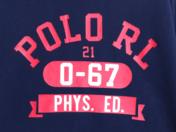 ポロ ラルフローレン 4段 プリント スウェット メンズ L / 古着 トレーナー 裏起毛なし 鹿の子 クルーネック ロゴ シンプル カットソー 紺