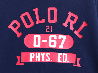 ポロ ラルフローレン 4段 プリント スウェット メンズ L / 古着 トレーナー 裏起毛なし 鹿の子 クルーネック ロゴ シンプル カットソー 紺