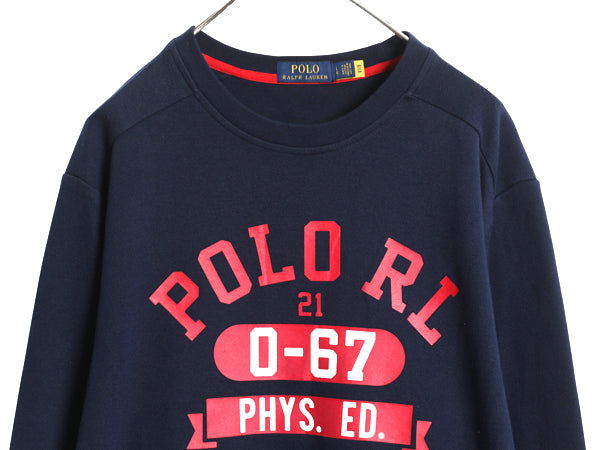 ポロ ラルフローレン 4段 プリント スウェット メンズ L / 古着 トレーナー 裏起毛なし 鹿の子 クルーネック ロゴ シンプル カットソー 紺