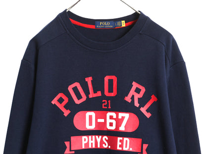 ポロ ラルフローレン 4段 プリント スウェット メンズ L / 古着 トレーナー 裏起毛なし 鹿の子 クルーネック ロゴ シンプル カットソー 紺
