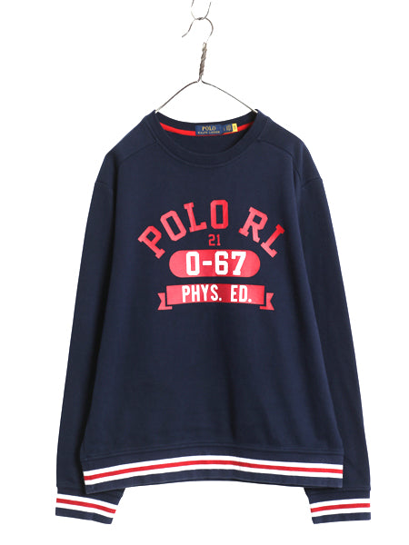 ポロ ラルフローレン 4段 プリント スウェット メンズ L / 古着 トレーナー 裏起毛なし 鹿の子 クルーネック ロゴ シンプル カットソー 紺