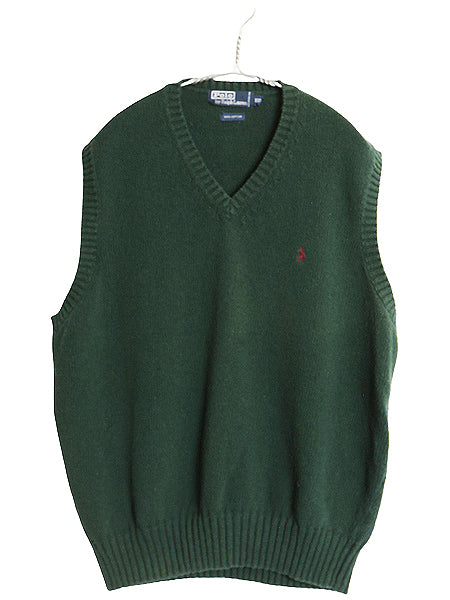 90s ポロ ラルフローレン Vネック コットン ニット ベスト メンズ XXL / オールド セーター 重ね着 リブ編み ワンポイント 大きいサイズ 緑