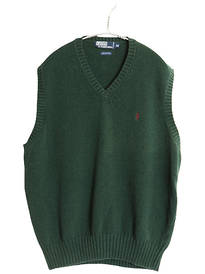 90s ポロ ラルフローレン Vネック コットン ニット ベスト メンズ XXL / オールド セーター 重ね着 リブ編み ワンポイント 大きいサイズ 緑
