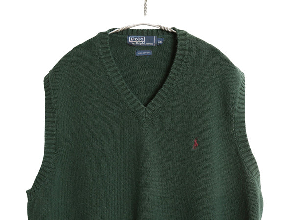 90s ポロ ラルフローレン Vネック コットン ニット ベスト メンズ XXL / オールド セーター 重ね着 リブ編み ワンポイント 大きいサイズ 緑