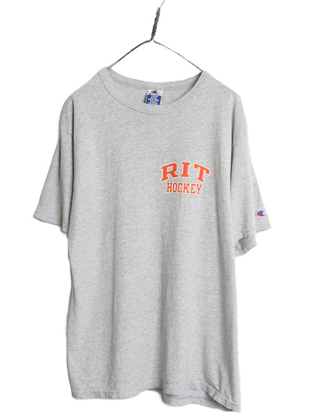 90s チャンピオン 両面 カレッジ プリント 半袖 Tシャツ メンズ L / 古着 オールド カットソー クルーネック 目付き バックプリント グレー