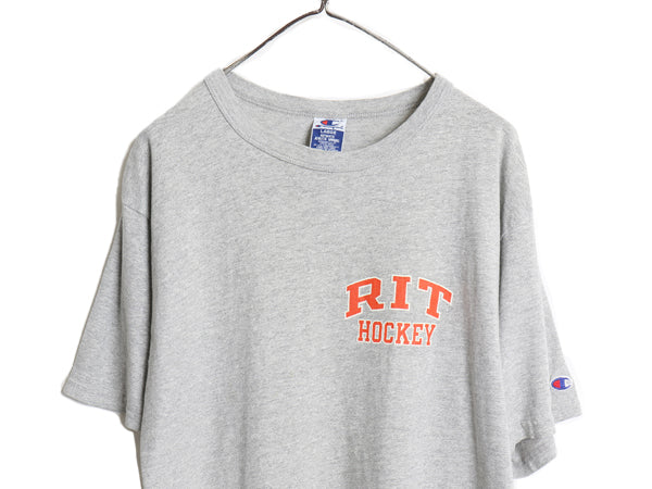 90s チャンピオン 両面 カレッジ プリント 半袖 Tシャツ メンズ L / 古着 オールド カットソー クルーネック 目付き バックプリント グレー