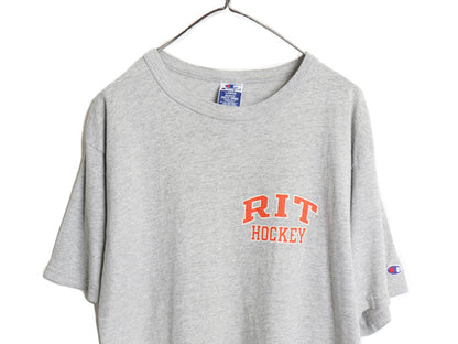 90s チャンピオン 両面 カレッジ プリント 半袖 Tシャツ メンズ L / 古着 オールド カットソー クルーネック 目付き バックプリント グレー