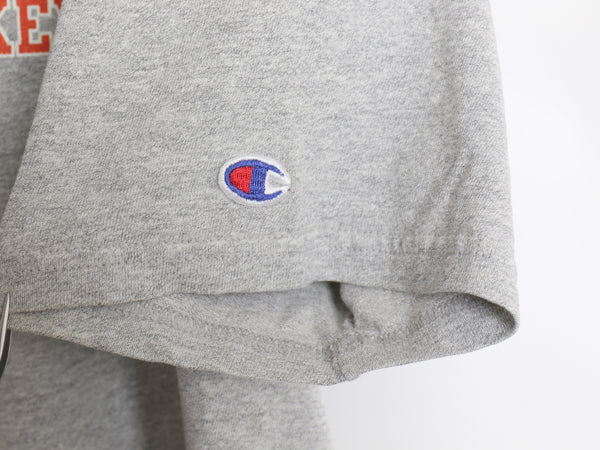 90s チャンピオン 両面 カレッジ プリント 半袖 Tシャツ メンズ L / 古着 オールド カットソー クルーネック 目付き バックプリント グレー