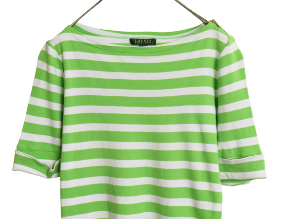 00s ローレン ラルフローレン ボートネック ボーダー 半袖 Tシャツ レディース L オールド ポロ 肩ジップ ストレッチ コットン カットソー
