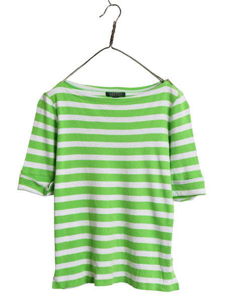 00s ローレン ラルフローレン ボートネック ボーダー 半袖 Tシャツ レディース L オールド ポロ 肩ジップ ストレッチ コットン カットソー