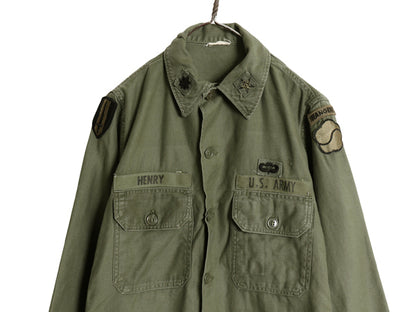 60s 米軍実物 US ARMY コットン サテン ユーティリティ シャツ S ヴィンテージ 64年製 OG107 筒袖 3rd モデル ミリタリー 軍物 フルパッチ