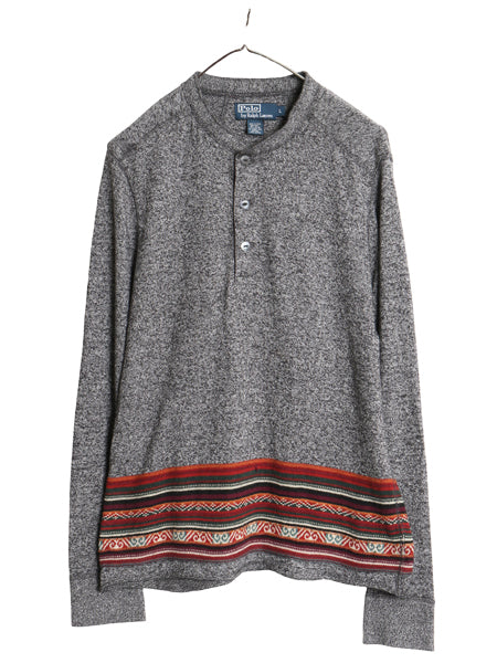 00s ポロ ラルフローレン ヘンリーネック 長袖 Tシャツ メンズ L / オールド ストレッチ ニット ロンT ネイティブ ジャガード 薄手 ゴマ塩