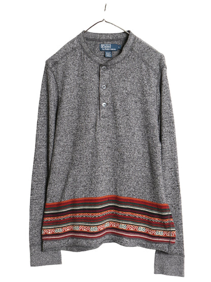 00s ポロ ラルフローレン ヘンリーネック 長袖 Tシャツ メンズ L / オールド ストレッチ ニット ロンT ネイティブ ジャガード 薄手 ゴマ塩