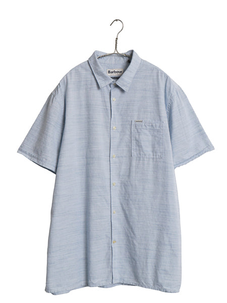 バブアー 半袖 シャツ メンズ XL / 古着 コットン 織柄 総柄 ポケット付き ワンポイント ボックス ゆったり 大きいサイズ シンプル ブルー