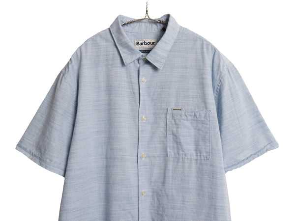 バブアー 半袖 シャツ メンズ XL / 古着 コットン 織柄 総柄 ポケット付き ワンポイント ボックス ゆったり 大きいサイズ シンプル ブルー