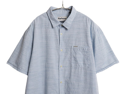 バブアー 半袖 シャツ メンズ XL / 古着 コットン 織柄 総柄 ポケット付き ワンポイント ボックス ゆったり 大きいサイズ シンプル ブルー