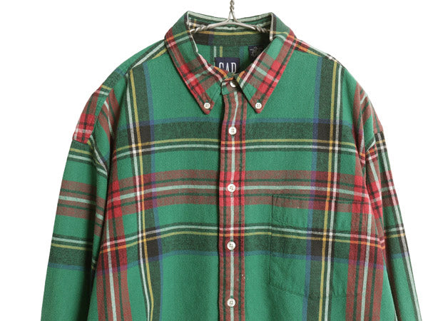 90s オールド ギャップ 長袖 ボタンダウン ヘビー フランネル シャツ メンズ XL / 紺タグ チェック ネルシャツ ポケット付き 大きいサイズ