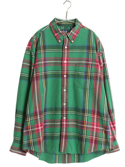 90s オールド ギャップ 長袖 ボタンダウン ヘビー フランネル シャツ メンズ XL / 紺タグ チェック ネルシャツ ポケット付き 大きいサイズ