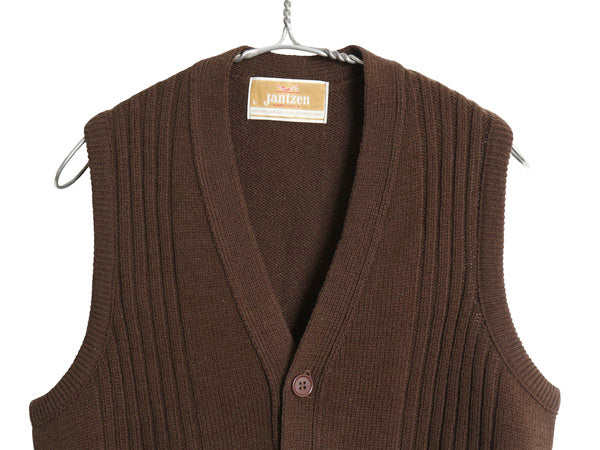 70s USA製 ジャンセン ウール ニット ベスト メンズ L / ヴィンテージ セーター 前開き 重ね着 羽織り リブ編み 無地 シンプル きれいめ 茶