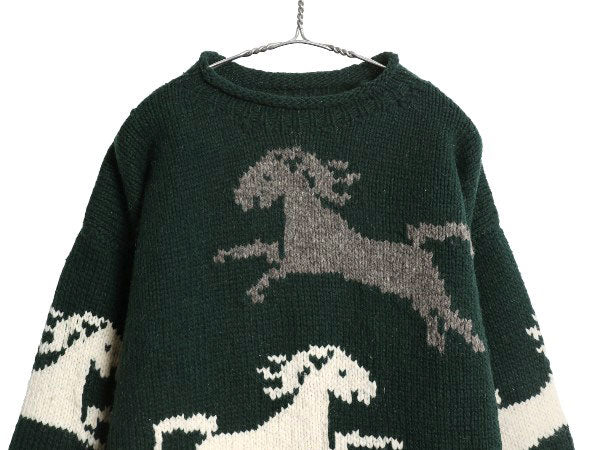 エクアドル製 ロールネック ニット セーター メンズ レディース XL 程/ ハンドメイド ウール アニマル ウマ 絵柄 総柄 カットソー タイプ