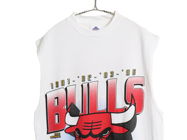 90s ブルズ イラスト プリント ノースリーブ Tシャツ メンズ L / オールド NBA オフィシャル バスケ タンクトップ コットン カットソー 白