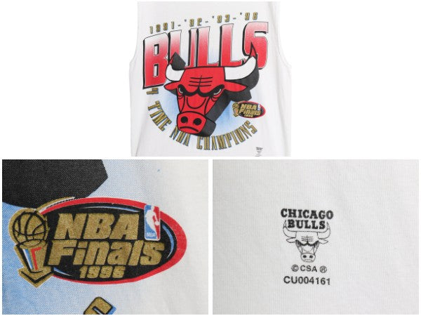 90s ブルズ イラスト プリント ノースリーブ Tシャツ メンズ L / オールド NBA オフィシャル バスケ タンクトップ コットン カットソー 白
