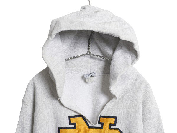 90s USA製 カレッジ ワッペン スウェット フード パーカー メンズ M オールド トレーナー 裏起毛 ヘビーウェイト リバース タイプ 雰囲気系