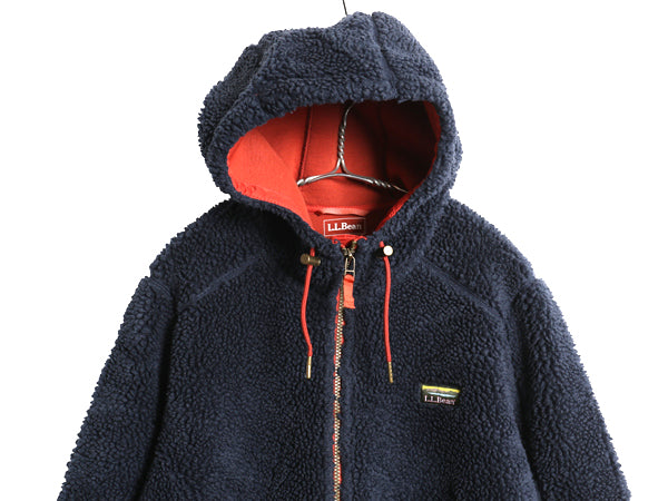 エルエルビーン マウンテン パイル フリース コート レディース L 古着 アウトドア ボア フード パーカー ジャケット フルジップ ロング 紺