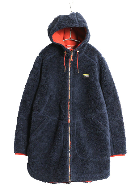エルエルビーン マウンテン パイル フリース コート レディース L 古着 アウトドア ボア フード パーカー ジャケット フルジップ ロング 紺