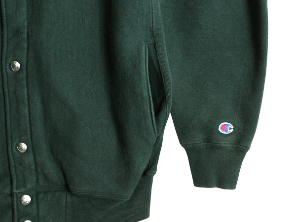 90s ★ チャンピオン リバースウィーブ スナップ カーディガン メンズ L 程 スウェット トレーナー 裏起毛 ポケット付き 前開き 目付き 緑