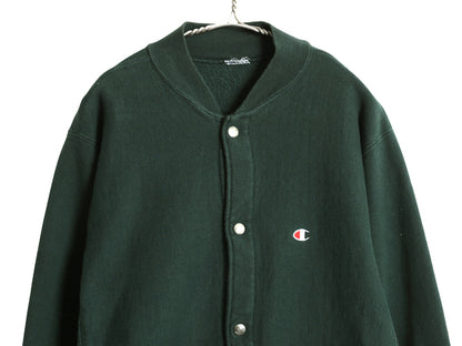 90s ★ チャンピオン リバースウィーブ スナップ カーディガン メンズ L 程 スウェット トレーナー 裏起毛 ポケット付き 前開き 目付き 緑