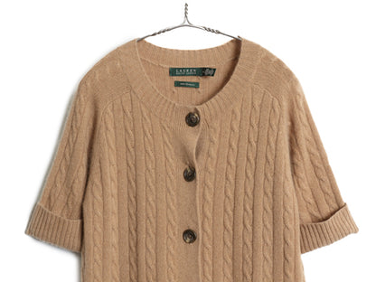90s ローレン ラルフローレン 半袖 ケーブル ニット カーディガン レディース M オールド ポロ 100% カシミヤ ロング セーター 羽織り 無地