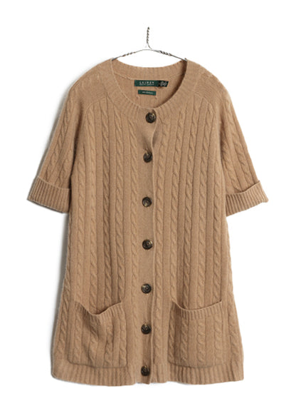 90s ローレン ラルフローレン 半袖 ケーブル ニット カーディガン レディース M オールド ポロ 100% カシミヤ ロング セーター 羽織り 無地