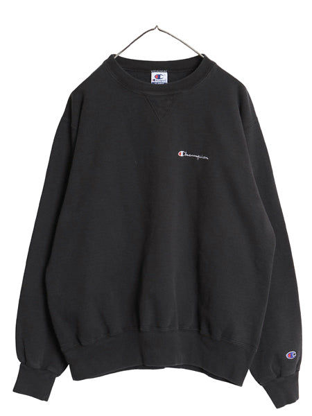 90s チャンピオン ワンポイント スウェット メンズ レディース XL オールド 裏起毛 トレーナー 前V スクリプト ロゴ 大きいサイズ ブラック