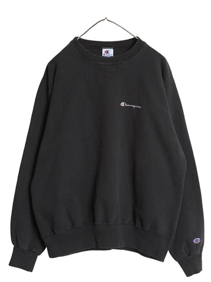 90s チャンピオン ワンポイント スウェット メンズ レディース XL オールド 裏起毛 トレーナー 前V スクリプト ロゴ 大きいサイズ ブラック