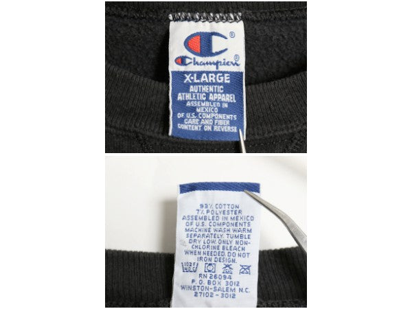 90s チャンピオン ワンポイント スウェット メンズ レディース XL オールド 裏起毛 トレーナー 前V スクリプト ロゴ 大きいサイズ ブラック