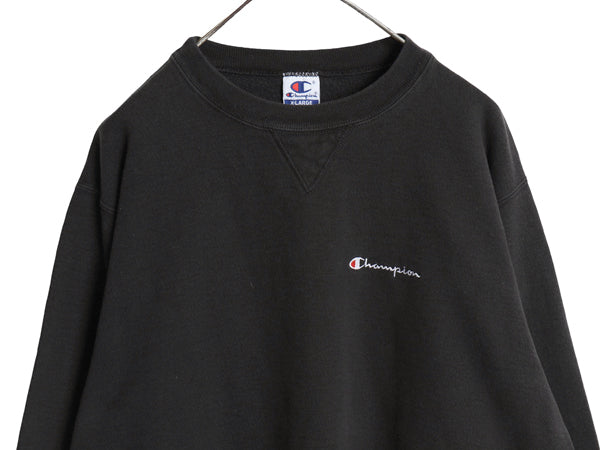 90s チャンピオン ワンポイント スウェット メンズ レディース XL オールド 裏起毛 トレーナー 前V スクリプト ロゴ 大きいサイズ ブラック
