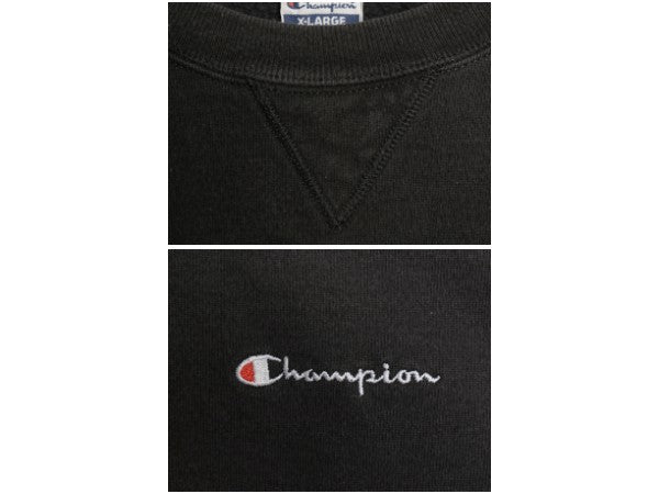 90s チャンピオン ワンポイント スウェット メンズ レディース XL オールド 裏起毛 トレーナー 前V スクリプト ロゴ 大きいサイズ ブラック