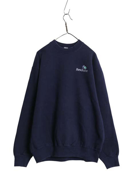90s USA製 ロゴ刺繍 スウェット メンズ XL / トレーナー 裏起毛 ワンポイント 大きいサイズ ヘビーウェイト クルーネック 企業物 ネイビー