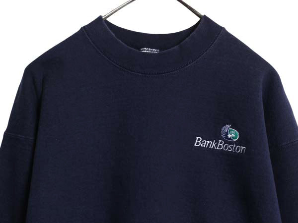 90s USA製 ロゴ刺繍 スウェット メンズ XL / トレーナー 裏起毛 ワンポイント 大きいサイズ ヘビーウェイト クルーネック 企業物 ネイビー